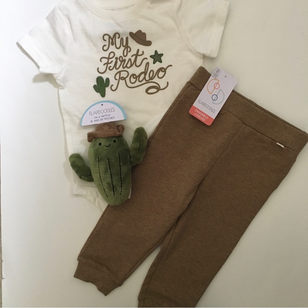 Flapdoodles 12M Infant Toddler 3 Pc Set My First Rodeo Top Pants + Soft Baby Toy